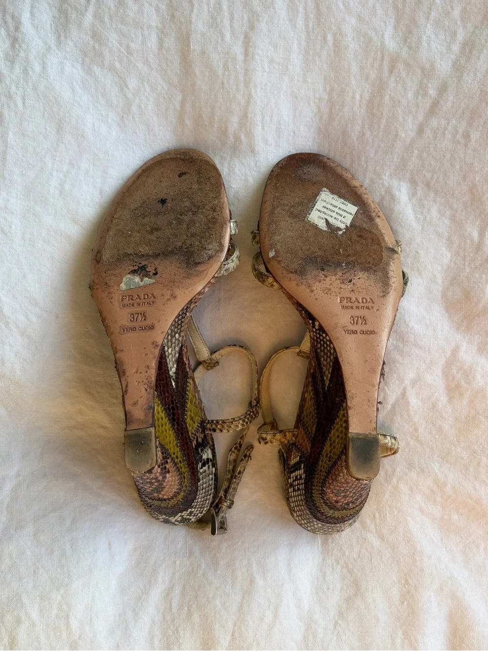 Vintage Prada Snake Python Animal Leather T Strap Wedges Heels Brown Tan Green